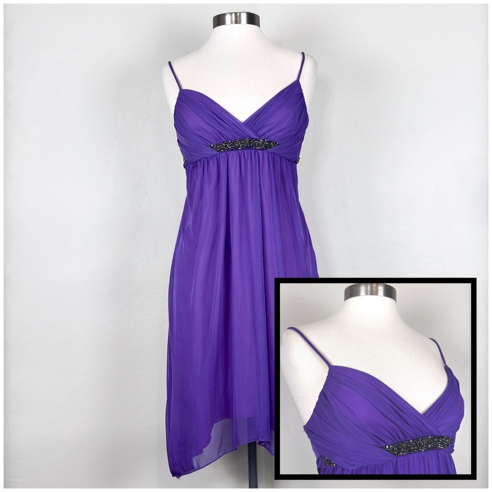 Vintage Y2K Babydoll Hoco Midi Dress Size Small Purple Beaded Ruched Formal